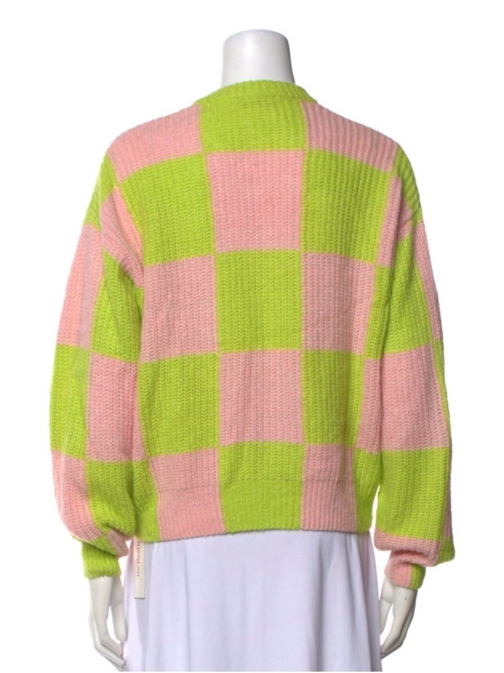 STINE GOYA Checkerboard Button-Up Cardigan in Pink & Lime plaid crewneck sweater - Picture 7 of 9